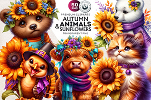 Autumn Animals & Sunflowers PNG, a Seasonal Illustration by ThatsDesignArt