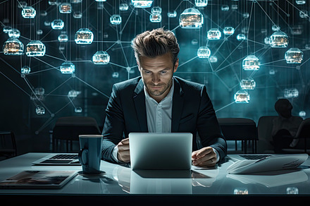 Focused businessman office desk smar, a Photo by SaroStock