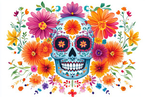 Sugar Skull adorned with vibrant flo, a Photo by Pixeness Studio