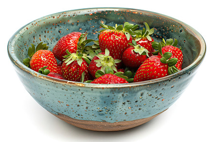 Red strawberries in bowl on white background, a Food & Drink Photo by AlyaAnd