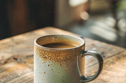 Coffee Mug on a Wooden Table, a Background Photo by Virgo Studio
