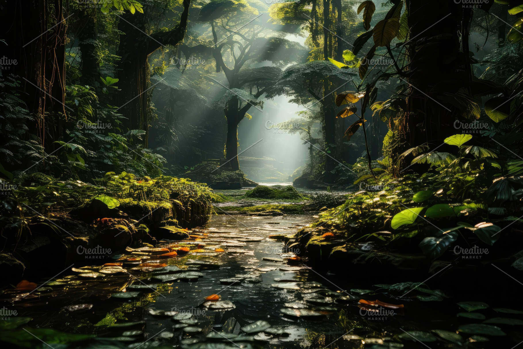 Sunlight filtering through the dense, a Photo by SaroStock