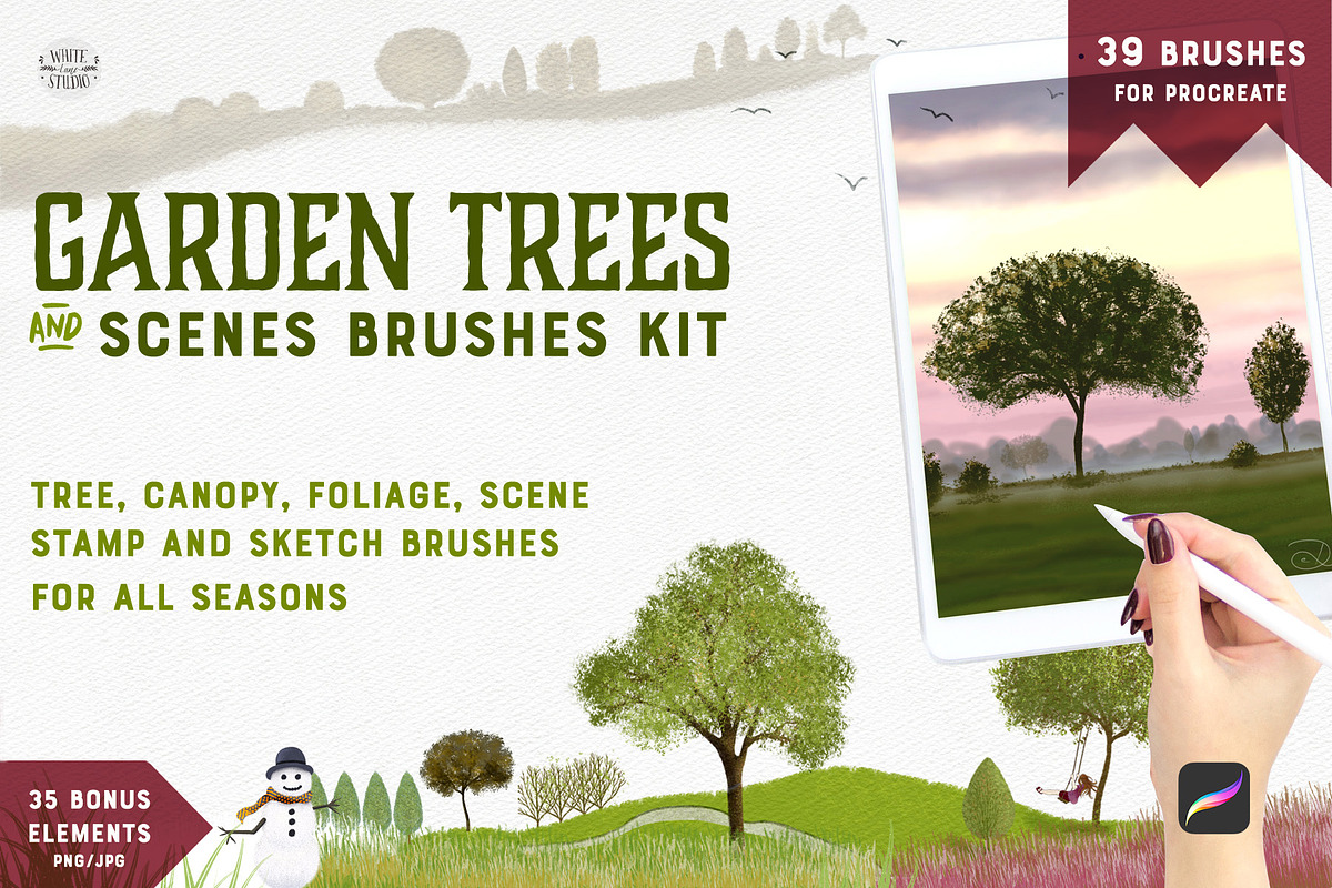 Garden Trees + Scenes Procreate Kit, a Brush Add-On by White Lane Studio (Photo 1 of 15)