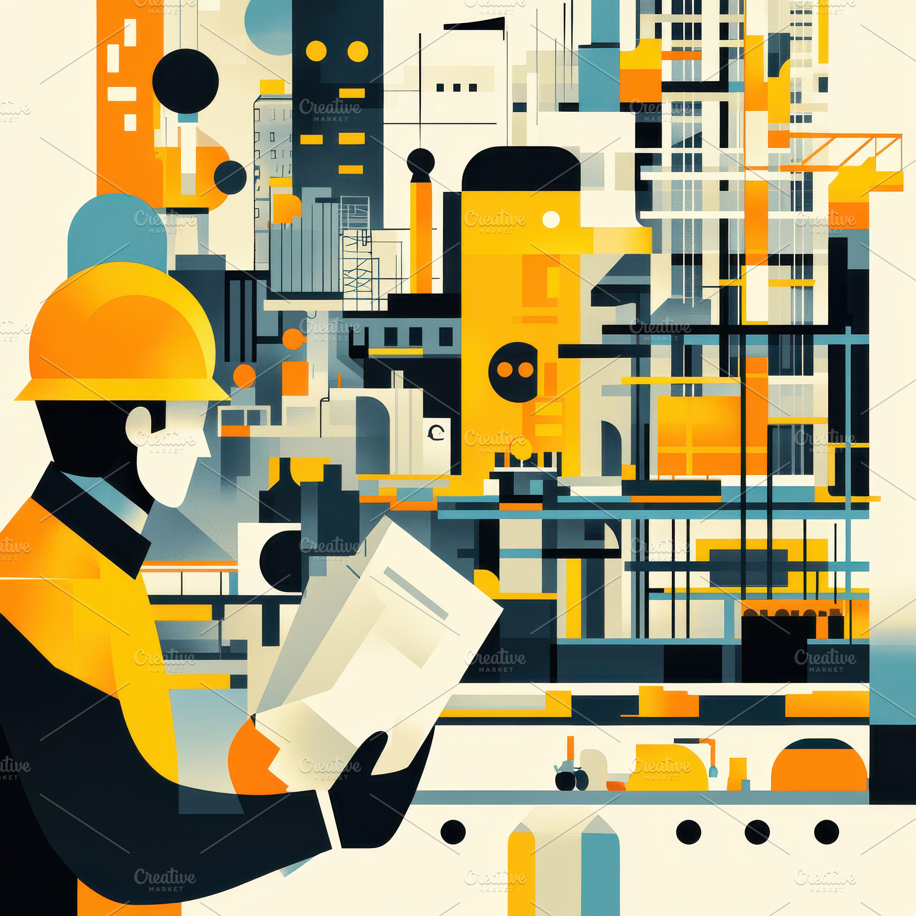Engineer reviewing blueprints at a c, an Abstract Photo by Pixeness Studio