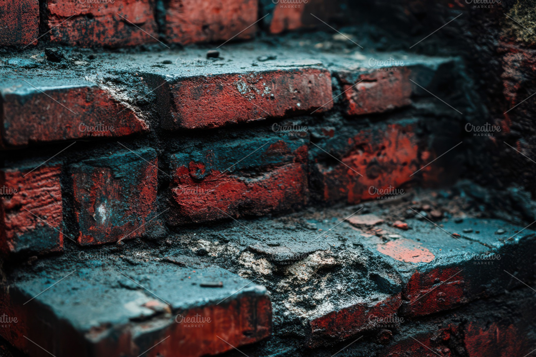 Weathered Brick Steps Dark Teal Acce, an Abstract Photo by Pixeness Studio