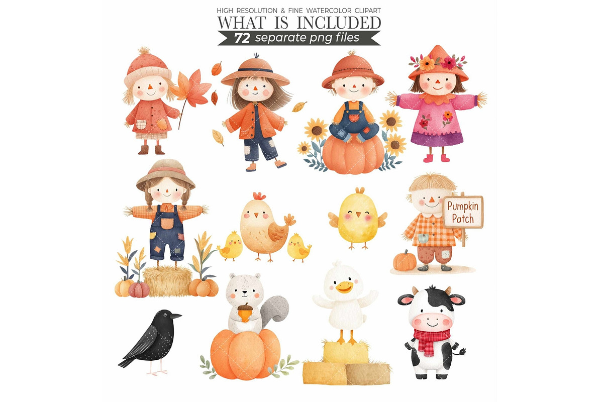Watercolor Scarecrow Clipart Fall, an Illustration by CharmClipart (Photo 4 of 9)