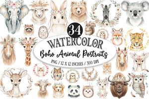 Boho Animal Portraits Watercolor, an Illustration by Designking