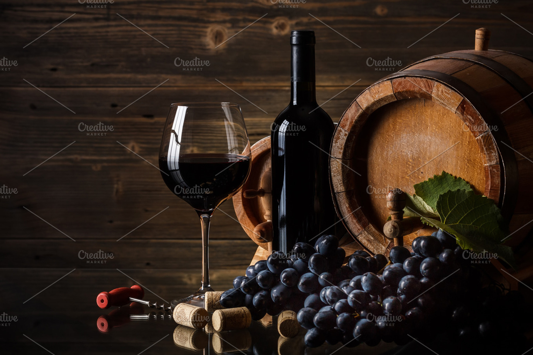 Still life with red wine containing alcohol, barrel, and beverage