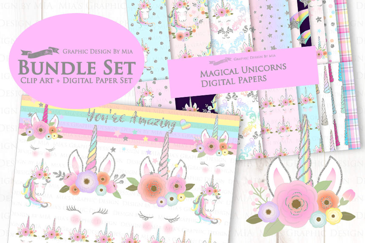 Unicorn Faces Silver Clipart,Pattern, an Illustration by Mia's Graphic Design (Photo 2 of 10)