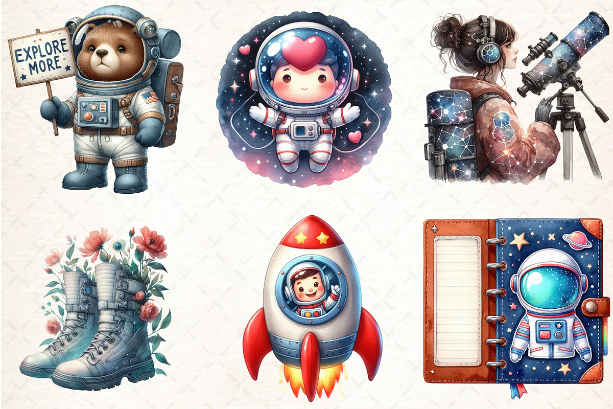 Watercolor Cute Astronaut Clipart, an Illustration by DreamCafeArt (Photo 4 of 7)