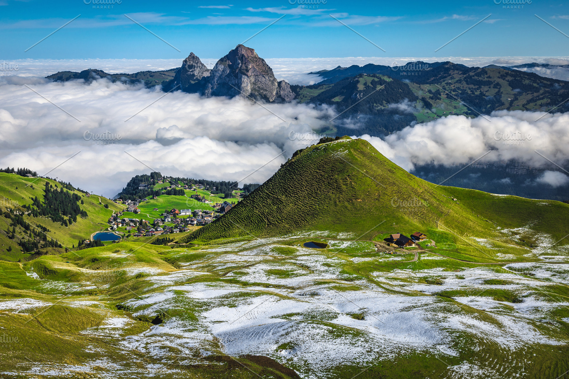 Snowy fields above the misty valley, a Nature Photo by Alpine Dreams