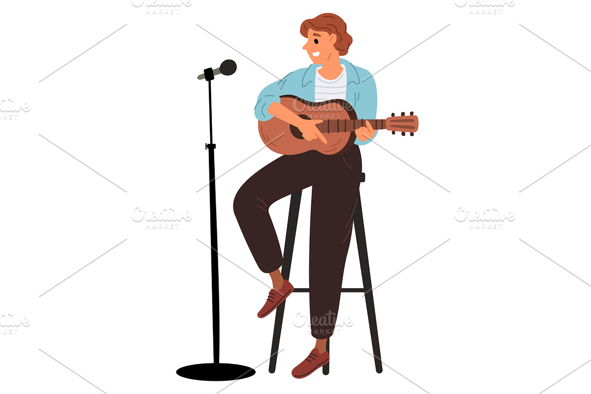 Young man plays guitar while sitting, a Person Illustration by Vectorbuum