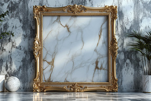 A luxurious gold-framed mirror sits against a marble wall, exuding elegance and, a Business Photo by ImageMir