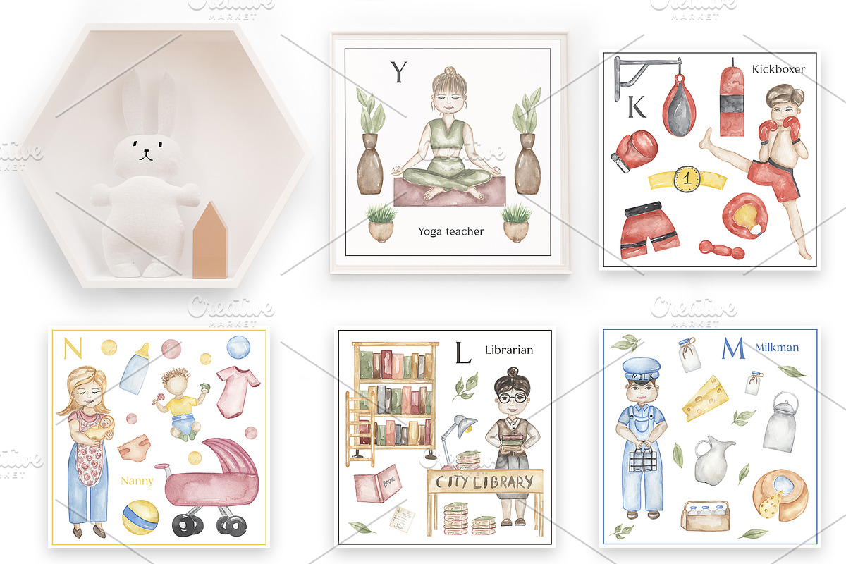 Watercolor Cute Alphabet Professions, an Education Illustration by MayaNavits (Photo 11 of 12)