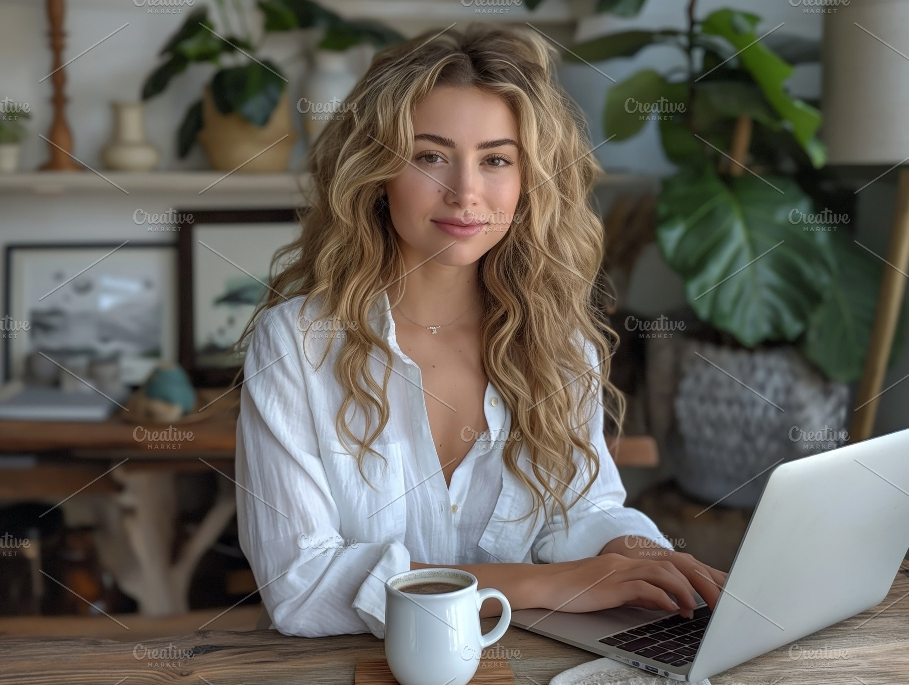 A young adult Caucasian woman with wavy hair sitting at a wooden table, working, a Person Photo by ImageMir