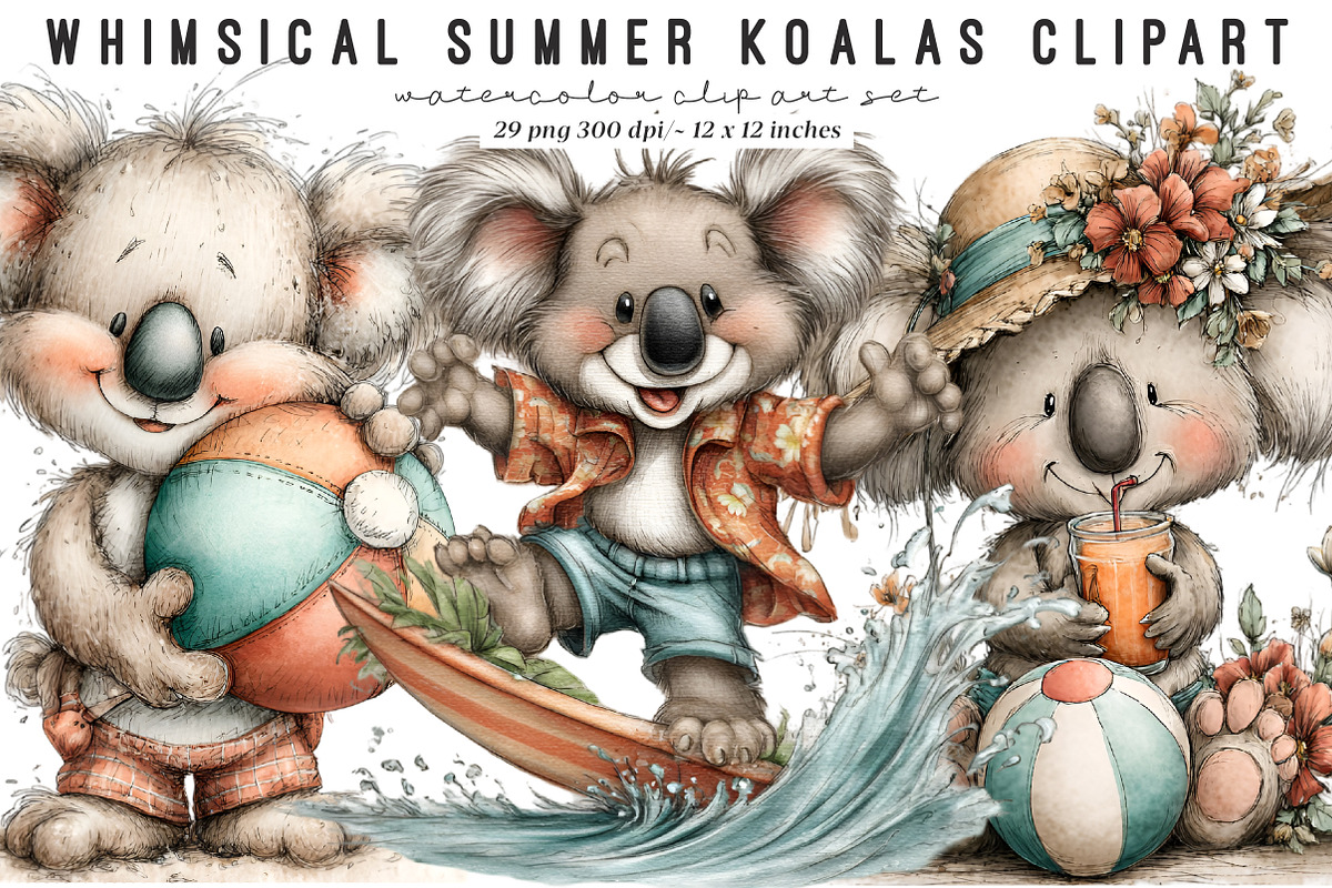 Whimsical summer koalas clipart, an Illustration by SinaCreation (Photo 1 of 9)