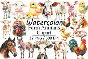 Watercolor Farm Animals, an Illustration by Design Market
