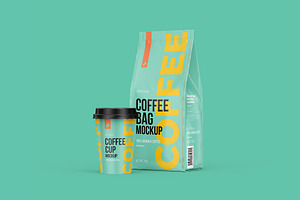 Coffee Pouch Half Side & Cup Mockup