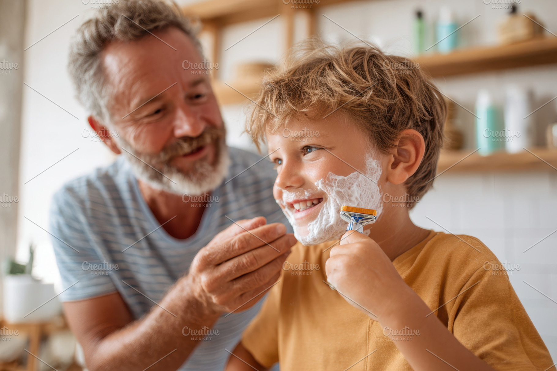 Father and son applying shaving cream in a bright bathroom, a Person Photo by AlyaAnd