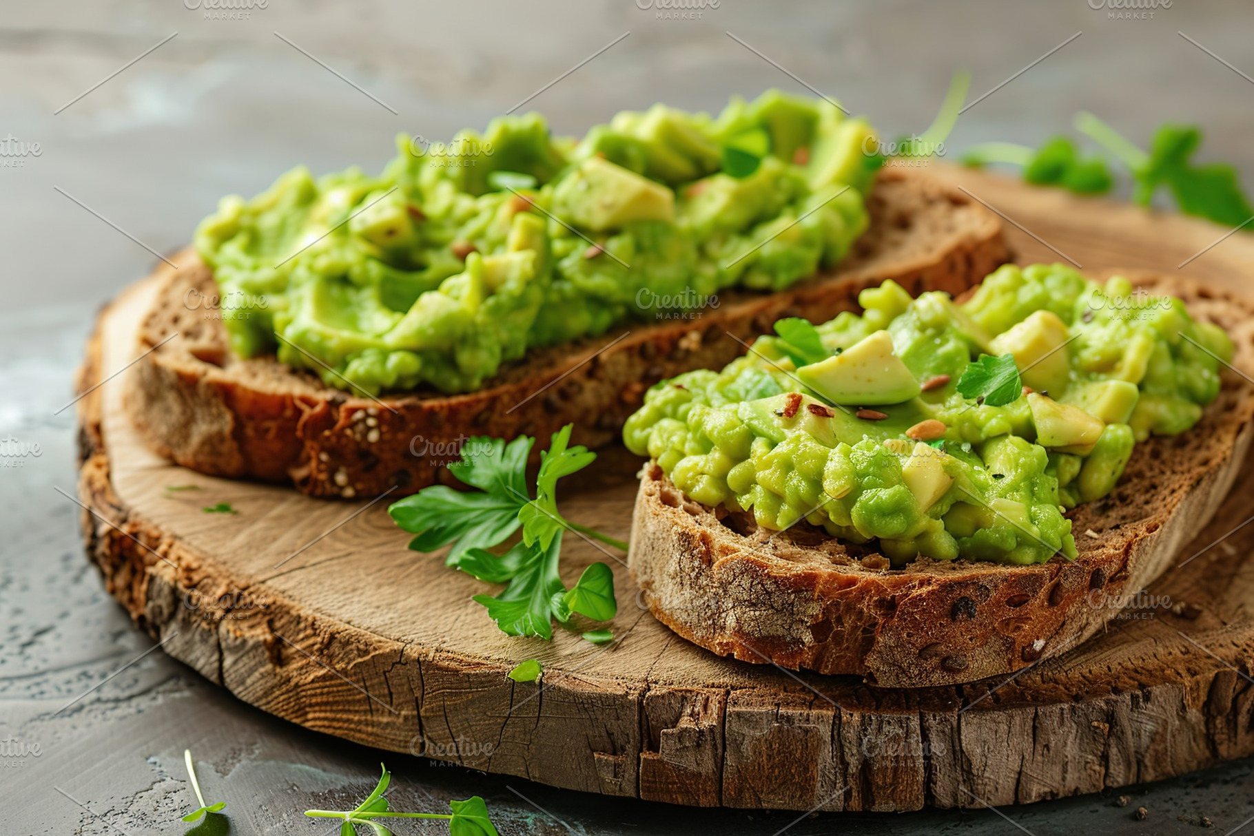 Toast breads with avocado puree on grey background. Vegetarian food., a Food & Drink Photo by AlyaAnd