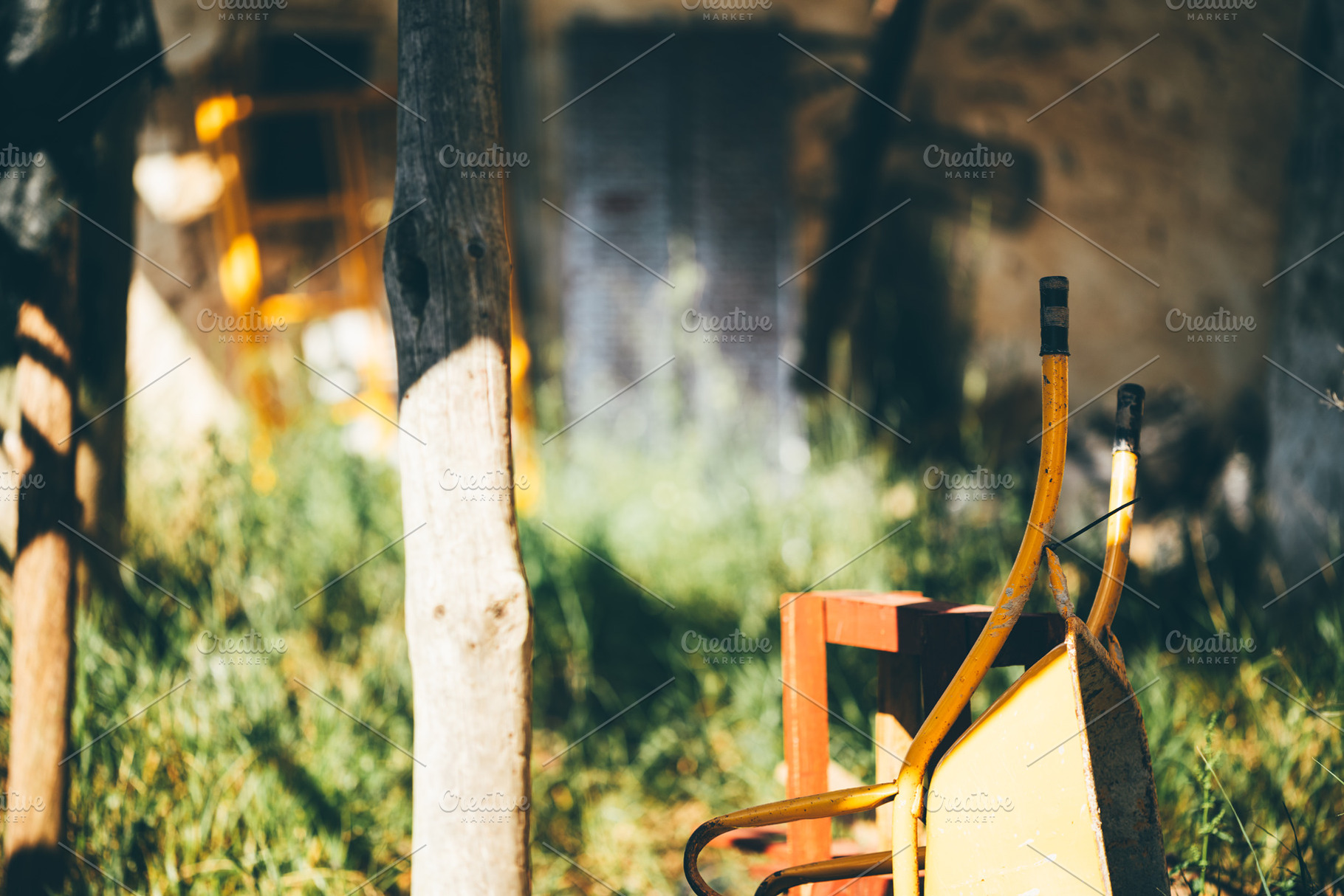 Rustic yard with old wheelbarrow, an Industrial Photo by SkyNext