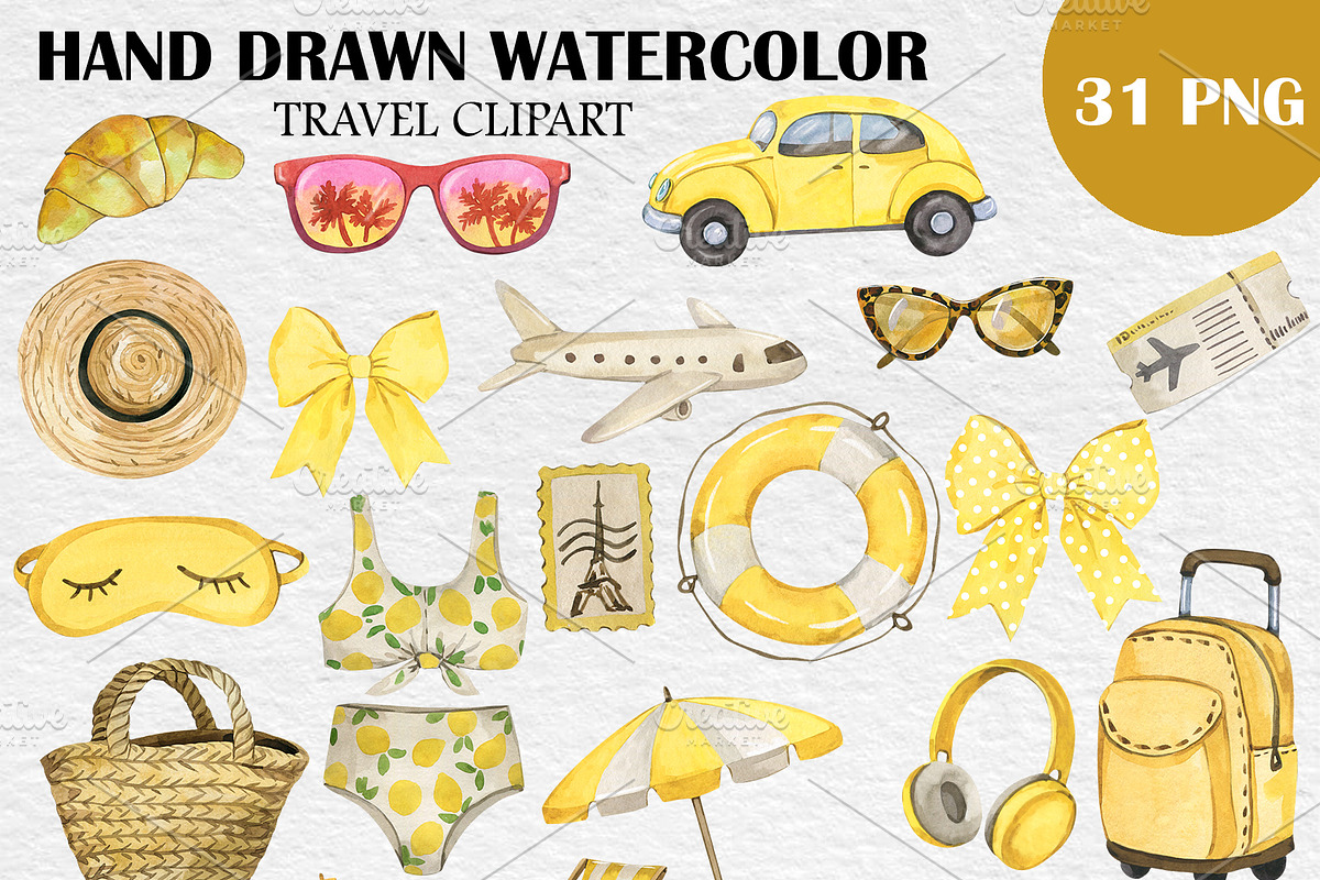 Watercolor Yellow Travel clipart PNG, a Transportation Illustration by PatternPalette (Photo 2 of 2)