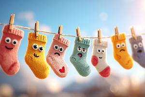 Colorful knitted socks with faces hanging on a clothesline against a blue sky d, a Photo by AlyaAnd