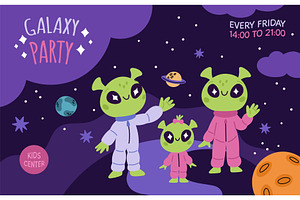Cartoon aliens party invitation. Ufo, a Person Illustration by YummyBuum