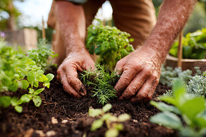 Tending to small home garden with hands in rich soil during sunny afternoon, a Photo by AlyaAnd