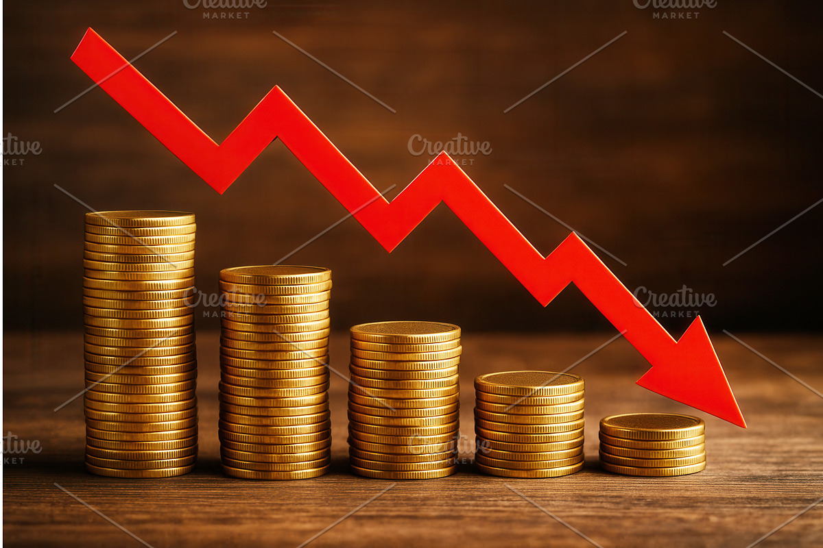 Stacks of gold coins decrease in, a Finance Illustration by Sergey Kotenev
