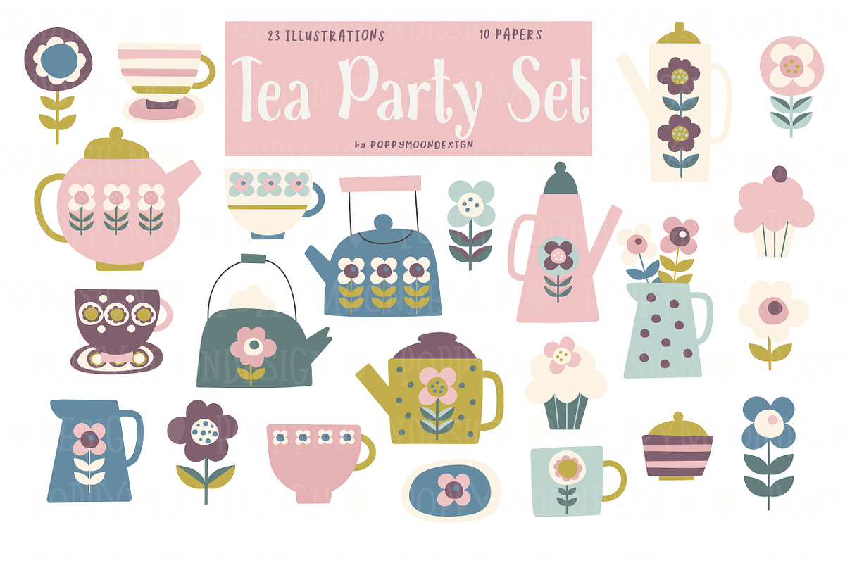 Tea Party and Clipart set, a Food Illustration by Poppymoondesign (Photo 1 of 10)