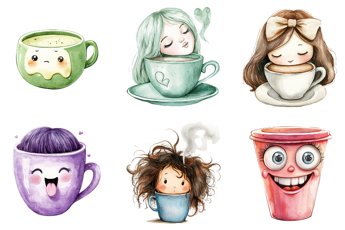 Watercolor Funny Girl Coffee Cup, an Illustration by DreamArtGraphic (Photo 2 of 5)
