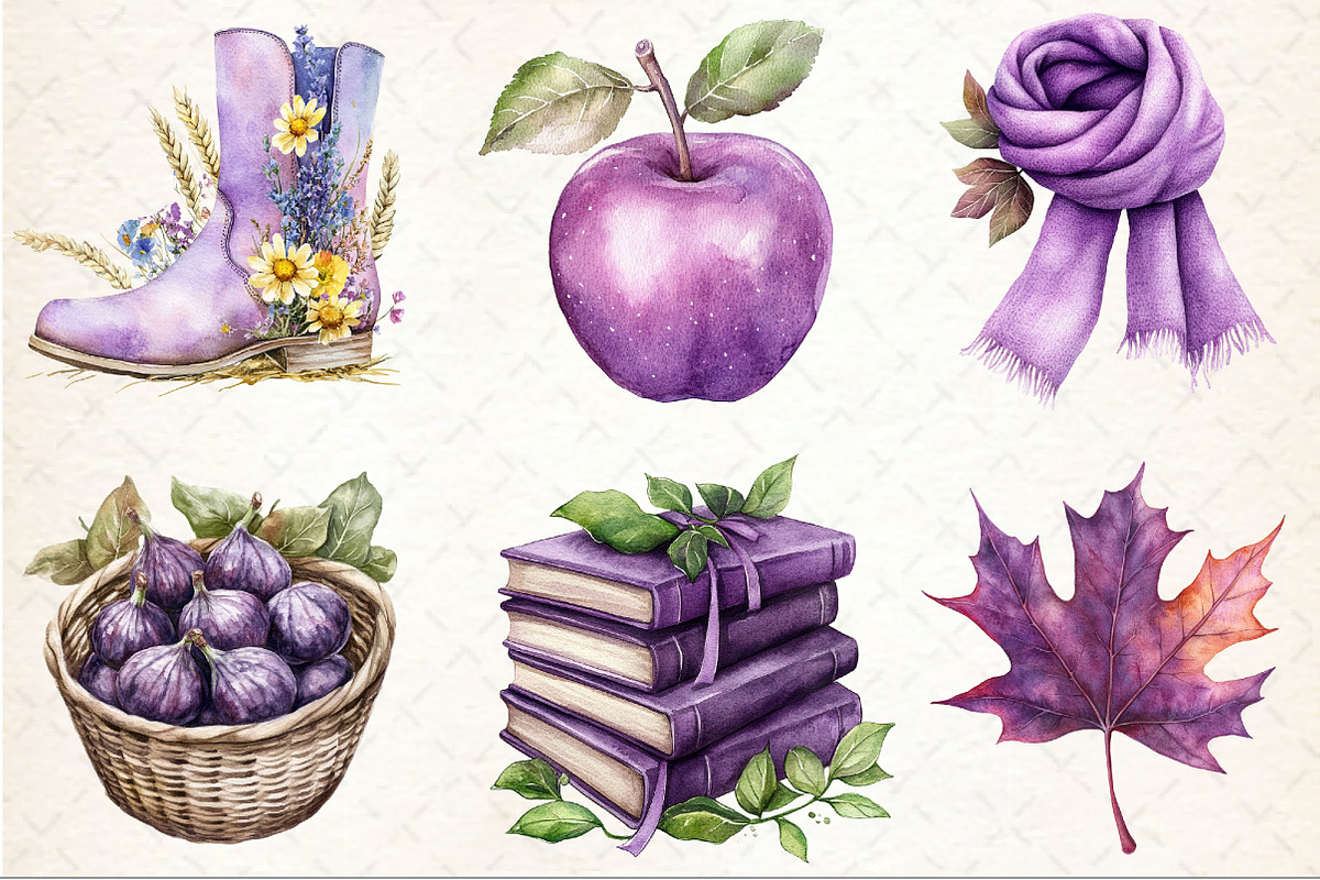 Watercolor Purple Autumn Clipart, an Illustration by Rose Art (Photo 3 of 7)