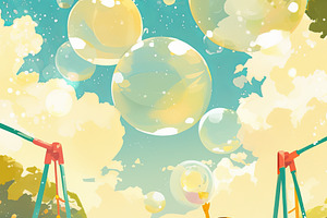 Two children playing with bubbles in a sunny park under a blue sky, a Photo by AS photostudio
