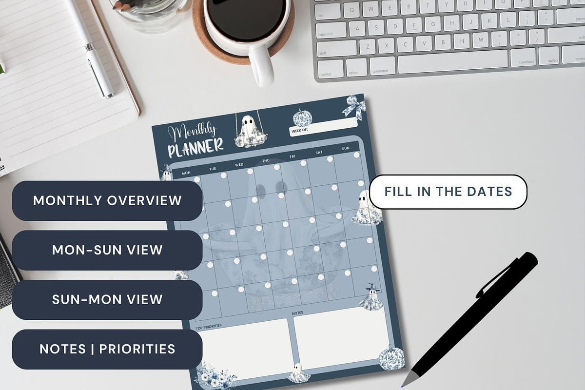 Blue Toile Ghosts Halloween Planner preview 2