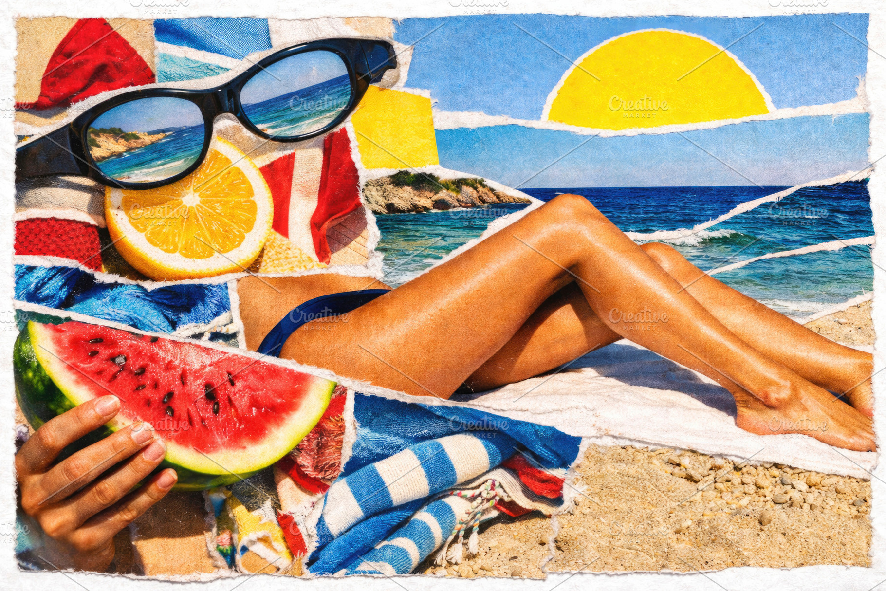 summer collage with beach and fruit, generative AI, a Photo by Nito