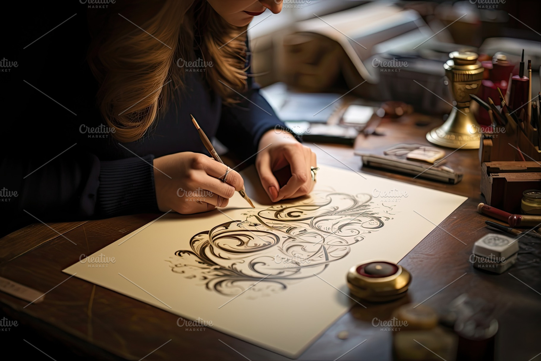 Artist drawing on paper with golden, a Photo by Iftikhar Alam