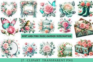 Mint and Pink Rose Garden Png, an Illustration by cherrydesign