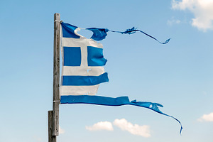 Old torn Greek flag waving, an Abstract Photo by BOOCYS