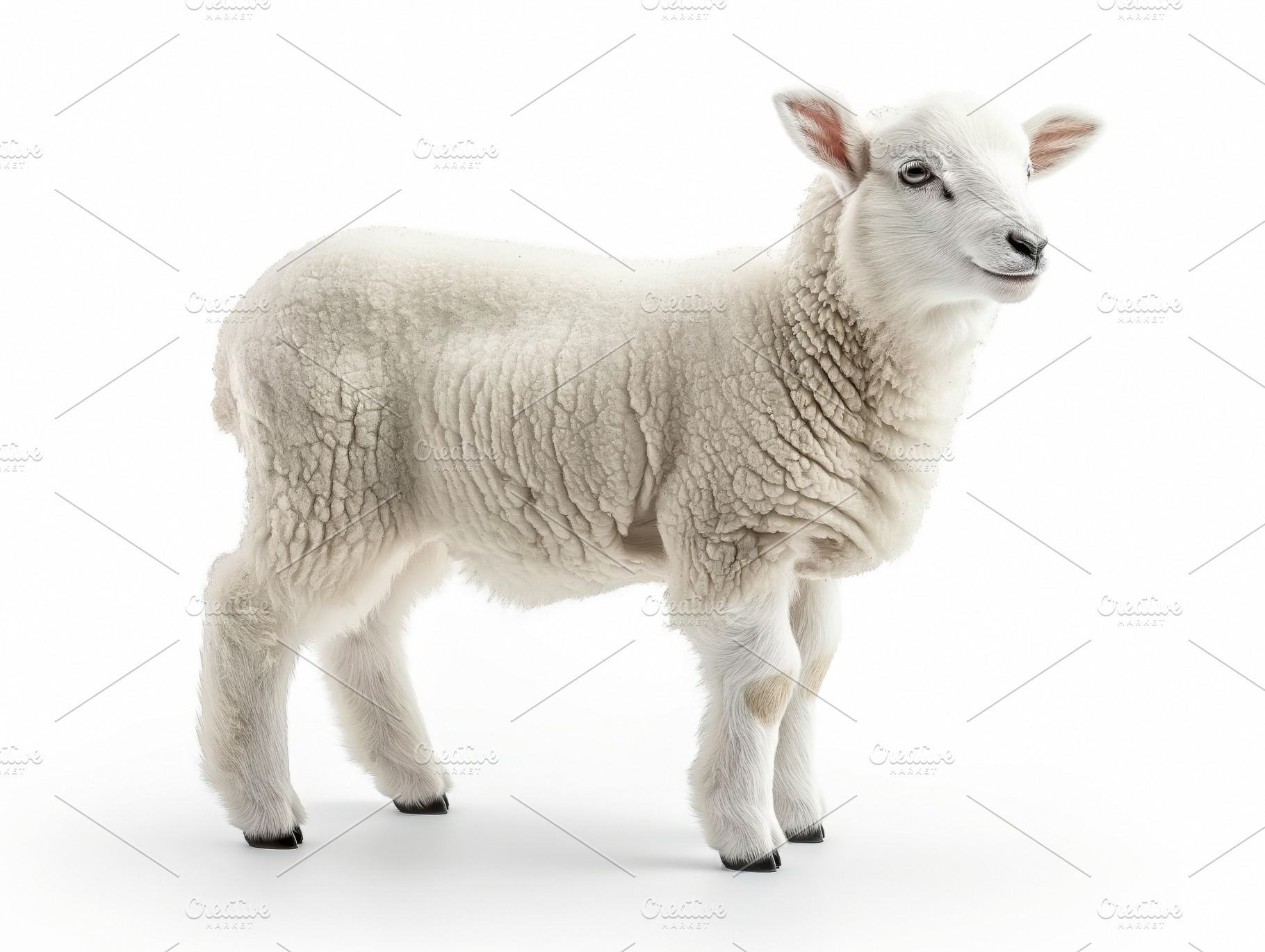 A fluffy white lamb stands gracefully against a plain white background, exuding, an Animal Photo by ImageMir