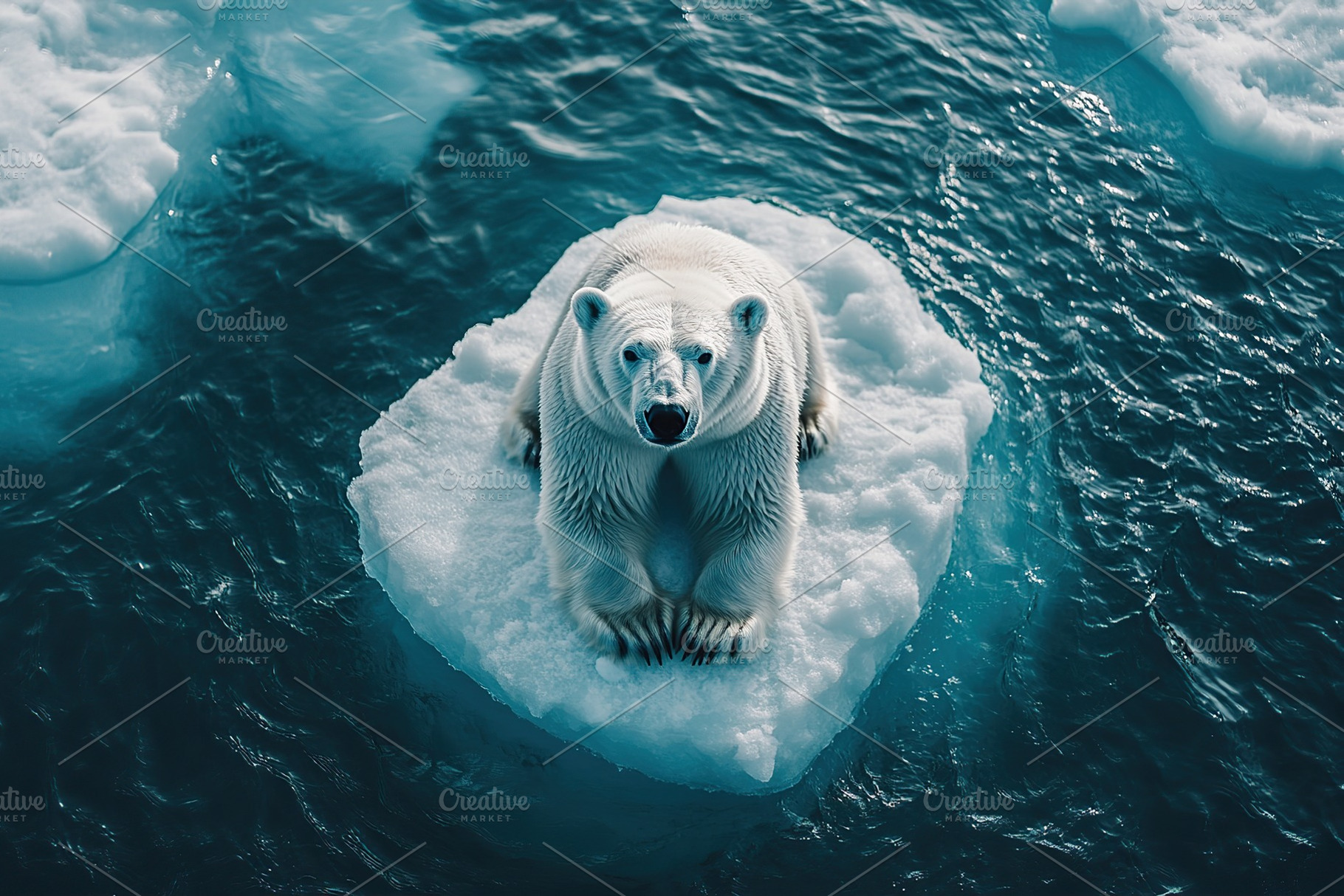 Big polar bear standing confidently and drifting on ice floe, a Photo by AlyaAnd