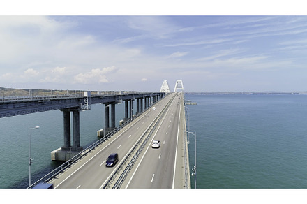 Bird's eye view. Shot.A huge bridge, an Architecture Photo by Media Whale Stock