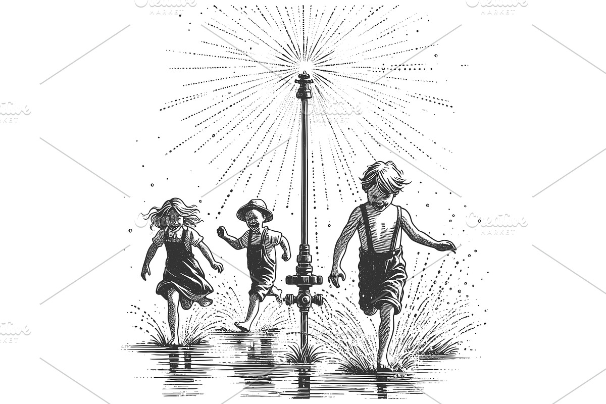 Kids Playing in Sprinkler vector, a Person Illustration by AlexArt