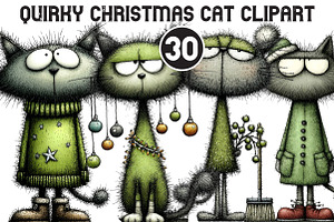 Quirky Christmas Cat Clipart, an Illustration by Black Bird Studio