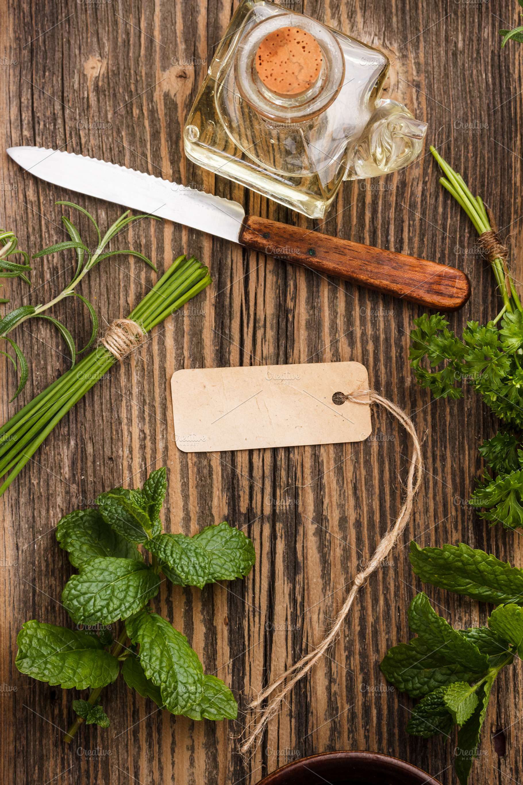 Herbs with label containing tag, label, and herb