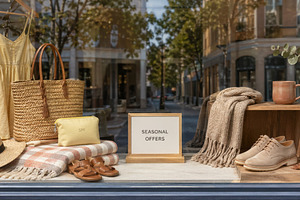 Shop window display with summer sale, a Photo by Dvoevnore photos