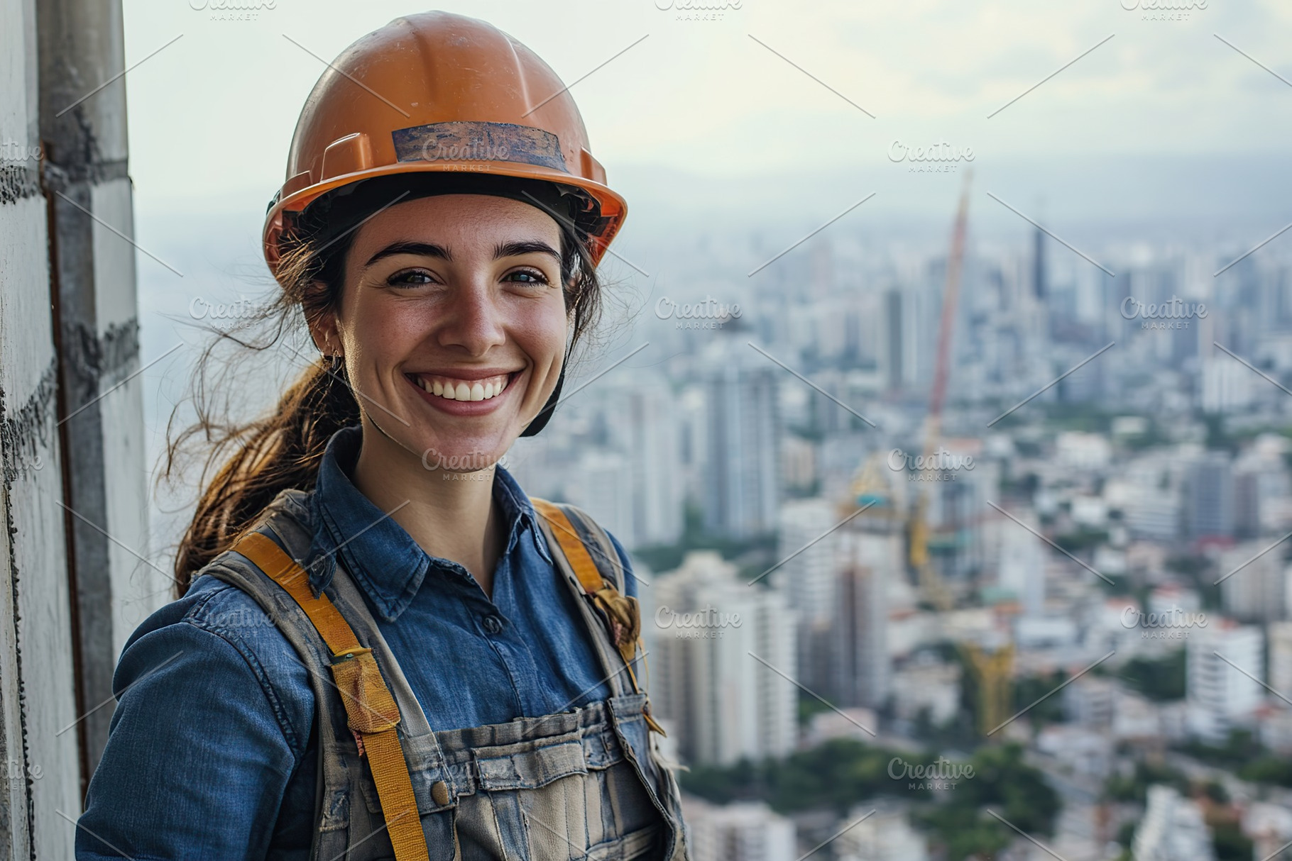 Female construction worker in uniform standing on unfinished building, an Industrial Photo by AlyaAnd