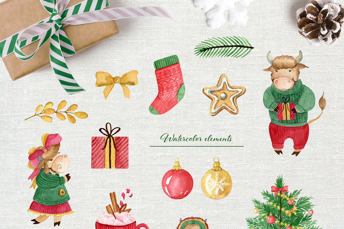 Cute cows. Watercolor Christmas set, an Object Graphic by JuliaBadeeva (Photo 6 of 8)