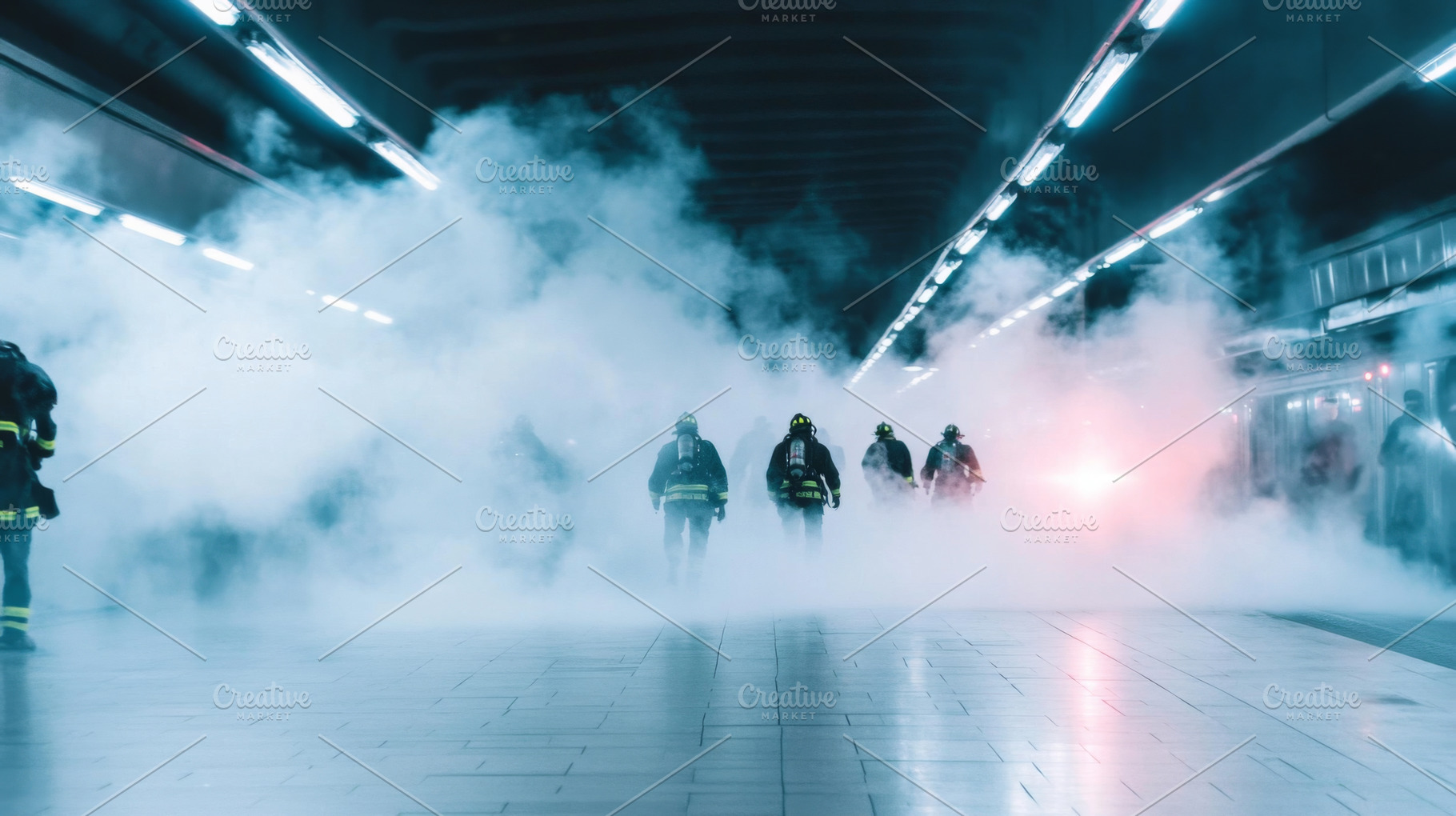 Firefighters in subway responding to emergency in smoky tunnel, a Photo by Dvoevnore photos