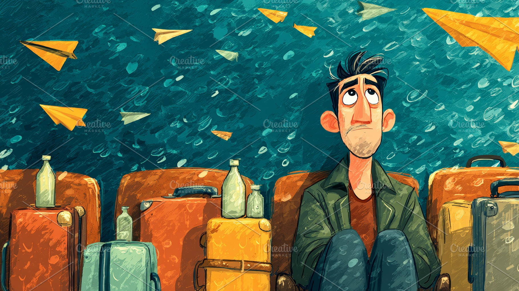 Lonely traveler sits among suitcases as paper planes fly overhead in busy termi, a Photo by AS photostudio